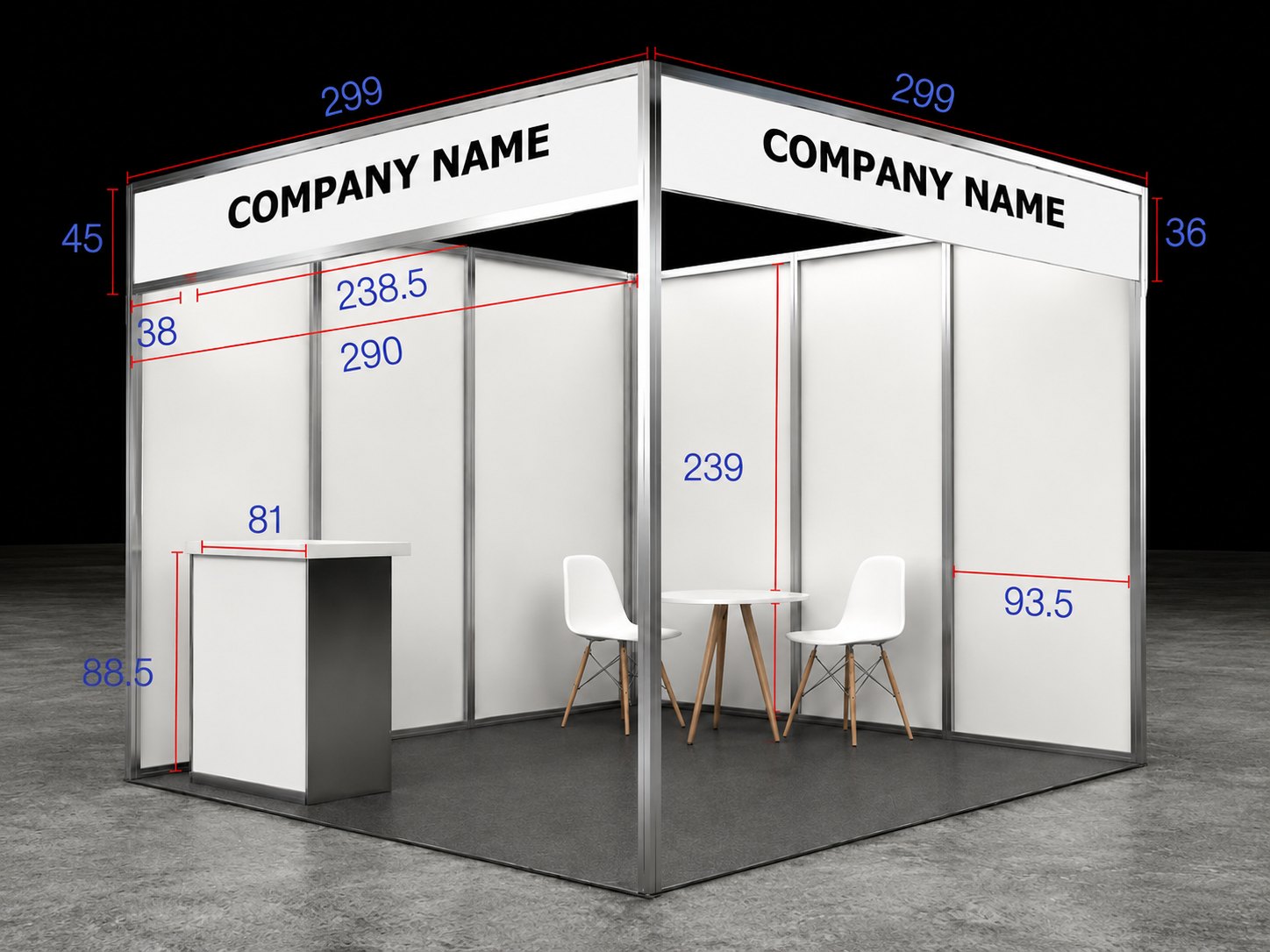 Exhibition booth mockup with company name fascia and furniture